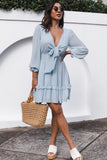 Sky Blue Womens Deep V Neck Lantern Sleeve Knotted Tiered Mini White Dress LC227391-4