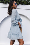 Sky Blue Womens Deep V Neck Lantern Sleeve Knotted Tiered Mini White Dress LC227391-4