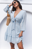 Sky Blue Womens Deep V Neck Lantern Sleeve Knotted Tiered Mini White Dress LC227391-4