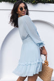 Sky Blue Womens Deep V Neck Lantern Sleeve Knotted Tiered Mini White Dress LC227391-4