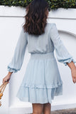 Sky Blue Womens Deep V Neck Lantern Sleeve Knotted Tiered Mini White Dress LC227391-4