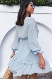 Sky Blue Womens Deep V Neck Lantern Sleeve Knotted Tiered Mini White Dress LC227391-4