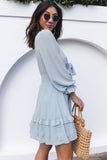 Sky Blue Womens Deep V Neck Lantern Sleeve Knotted Tiered Mini White Dress LC227391-4