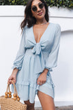 Sky Blue Womens Deep V Neck Lantern Sleeve Knotted Tiered Mini White Dress LC227391-4