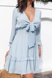 Sky Blue Womens Deep V Neck Lantern Sleeve Knotted Tiered Mini White Dress LC227391-4