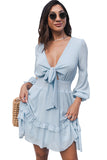 Sky Blue Womens Deep V Neck Lantern Sleeve Knotted Tiered Mini White Dress LC227391-4