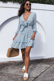 Sky Blue Womens Deep V Neck Lantern Sleeve Knotted Tiered Mini White Dress LC227391-4