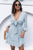 Sky Blue Womens Deep V Neck Lantern Sleeve Knotted Tiered Mini White Dress LC227391-4