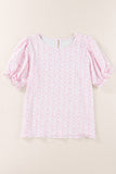LC25114337-10-S, LC25114337-10-M, LC25114337-10-L, LC25114337-10-XL, LC25114337-10-2XL, Pink Women's Puff Sleeve T-Shirts Casual Floral Smocked Blouse