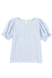 LC25114337-4-S, LC25114337-4-M, LC25114337-4-L, LC25114337-4-XL, LC25114337-4-2XL, Sky Blue Women's Puff Sleeve T-Shirts Casual Floral Smocked Blouse