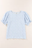 LC25114337-4-S, LC25114337-4-M, LC25114337-4-L, LC25114337-4-XL, LC25114337-4-2XL, Sky Blue Women's Puff Sleeve T-Shirts Casual Floral Smocked Blouse