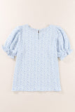 LC25114337-4-S, LC25114337-4-M, LC25114337-4-L, LC25114337-4-XL, LC25114337-4-2XL, Sky Blue Women's Puff Sleeve T-Shirts Casual Floral Smocked Blouse