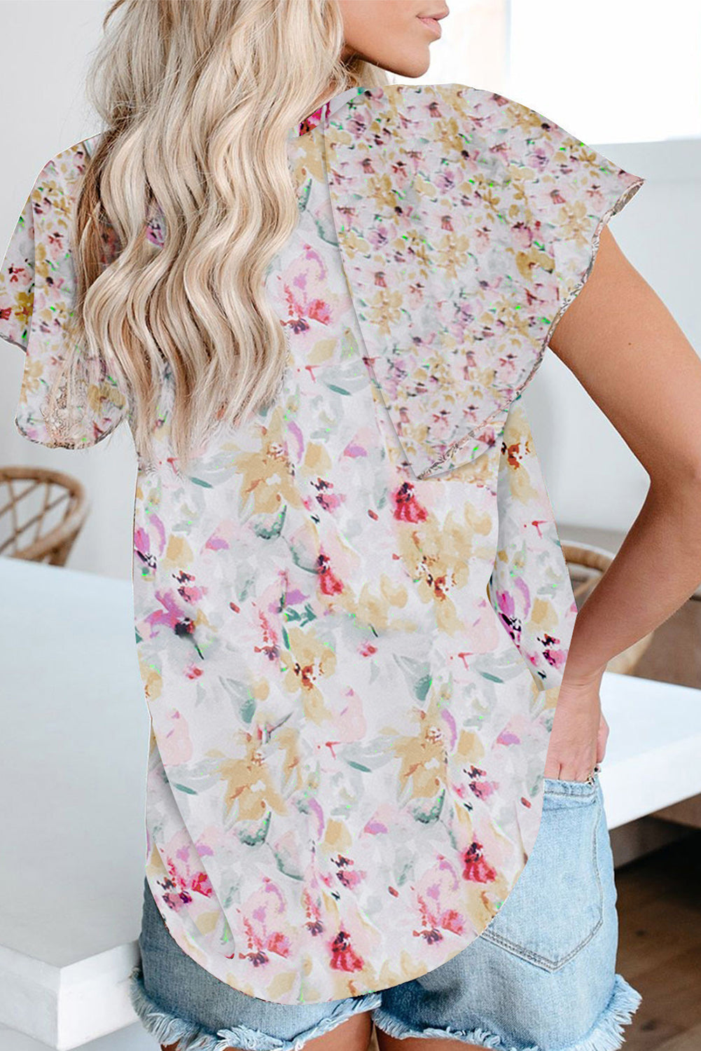 V Neck Short Sleeve Print Floral Blouses Shirts