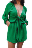 LC643624-9-S, LC643624-9-M, LC643624-9-L, LC643624-9-XL, LC643624-9-2XL, Green Women's Sexy V Neck Jumpsuits Chiffon Tie Knot Front Puff Long Sleeve Romper