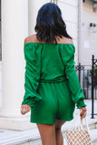 LC643624-9-S, LC643624-9-M, LC643624-9-L, LC643624-9-XL, LC643624-9-2XL, Green Women's Sexy V Neck Jumpsuits Chiffon Tie Knot Front Puff Long Sleeve Romper