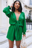 LC643624-9-S, LC643624-9-M, LC643624-9-L, LC643624-9-XL, LC643624-9-2XL, Green Women's Sexy V Neck Jumpsuits Chiffon Tie Knot Front Puff Long Sleeve Romper