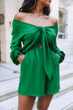 LC643624-9-S, LC643624-9-M, LC643624-9-L, LC643624-9-XL, LC643624-9-2XL, Green Women's Sexy V Neck Jumpsuits Chiffon Tie Knot Front Puff Long Sleeve Romper