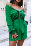 LC643624-9-S, LC643624-9-M, LC643624-9-L, LC643624-9-XL, LC643624-9-2XL, Green Women's Sexy V Neck Jumpsuits Chiffon Tie Knot Front Puff Long Sleeve Romper