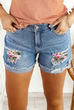 Sky Blue Womens Ripped Denim Shorts Floral Leopard Mid Rise Distressed Shorts LC7831047-4