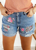 Sky Blue Floral Leopard Print Patchwork Distressed Denim Shorts LC7831045-4