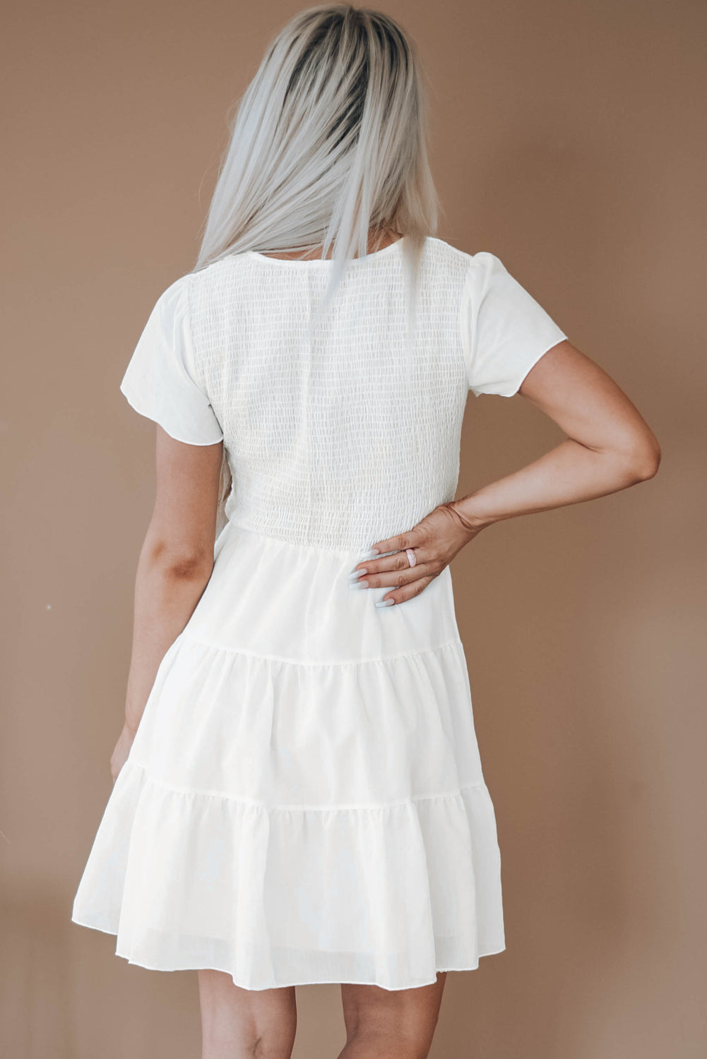 White White Ruffle Dress Smocked Flowy Mini Dress for Women LC2210934-1