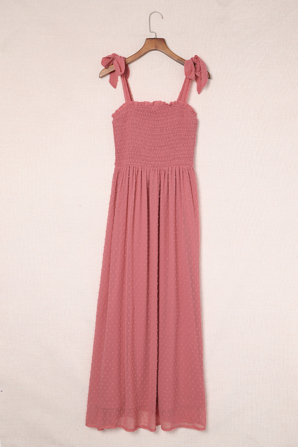 Red Womens Frilled Long Dress Smocked Swiss Dot Maxi Dress LC619589-3