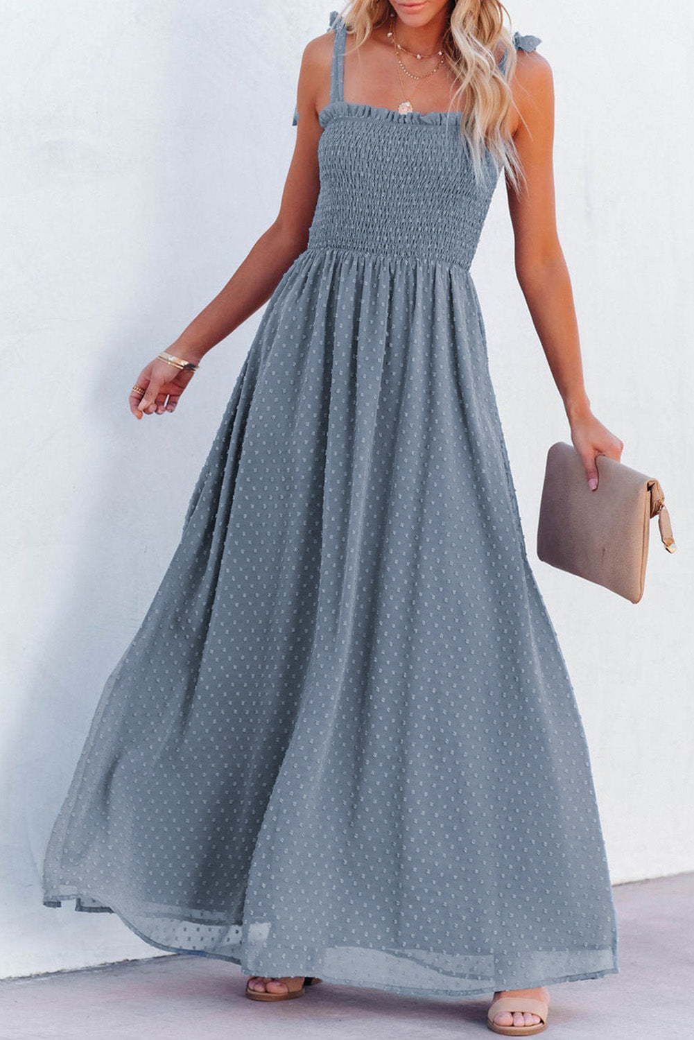 Sky Blue Womens Frilled Long Dress Smocked Swiss Dot Maxi Dress LC619589-4