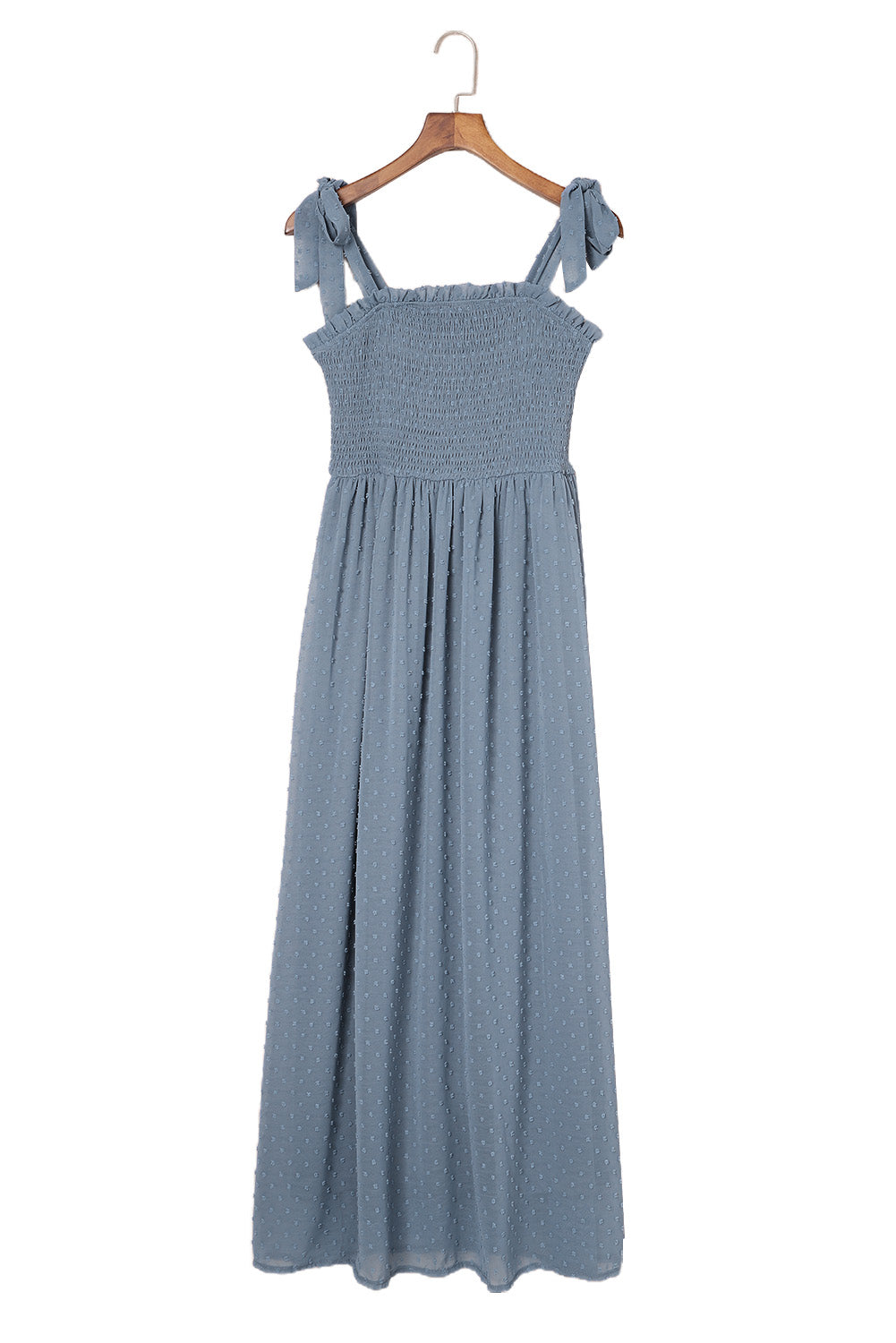 Sky Blue Womens Frilled Long Dress Smocked Swiss Dot Maxi Dress LC619589-4