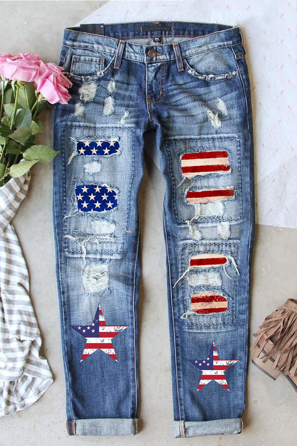 Sky Blue American Flag Graphic Jean Pockets Distressed Denim Pants for Women LC787845-4