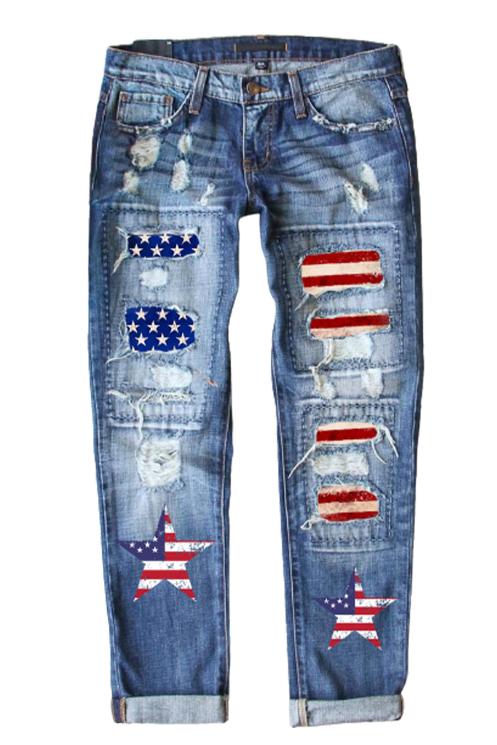 Sky Blue American Flag Graphic Jean Pockets Distressed Denim Pants for Women LC787845-4