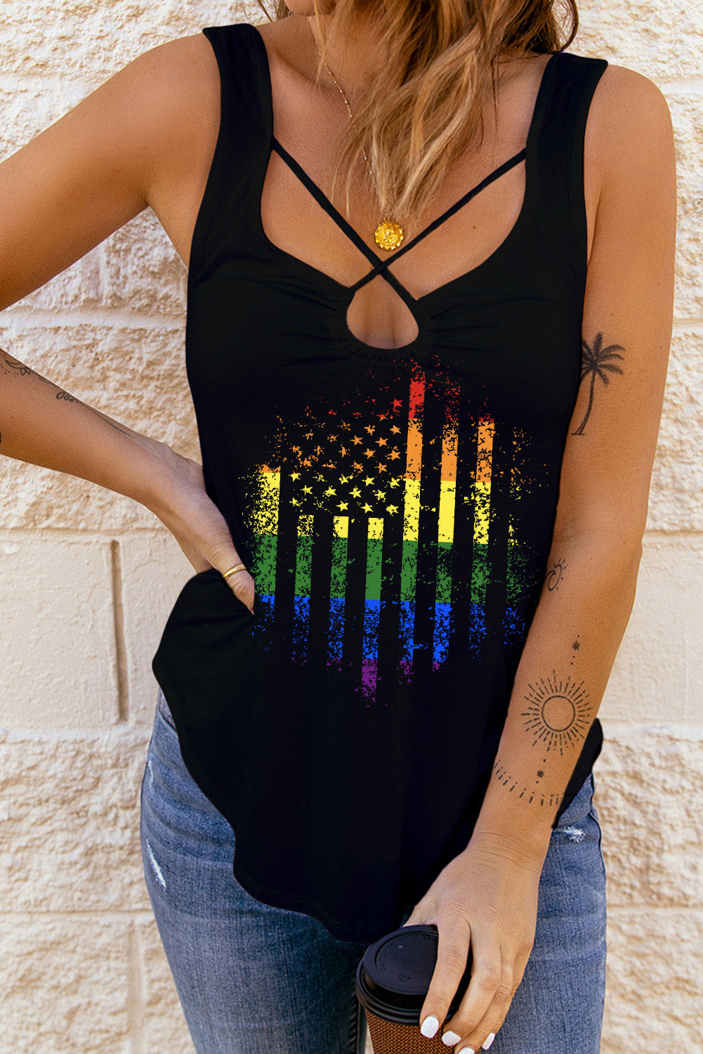 LC2566668-2-S, LC2566668-2-M, LC2566668-2-L, LC2566668-2-XL, LC2566668-2-2XL, Black Women's Rainbow American Flag Tank Tops for Women Sleeveless Lace Up T-Shirt
