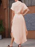 LC618591-10-S, LC618591-10-M, LC618591-10-L, LC618591-10-XL, Pink Women's Cover Up Short Sleeve Button Down Summer Beach Maxi Dress