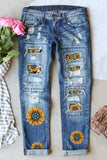 Sky Blue Womens Boyfriend Jeans Floral Leopard Slim Fit Distressed Pants LC787552-104