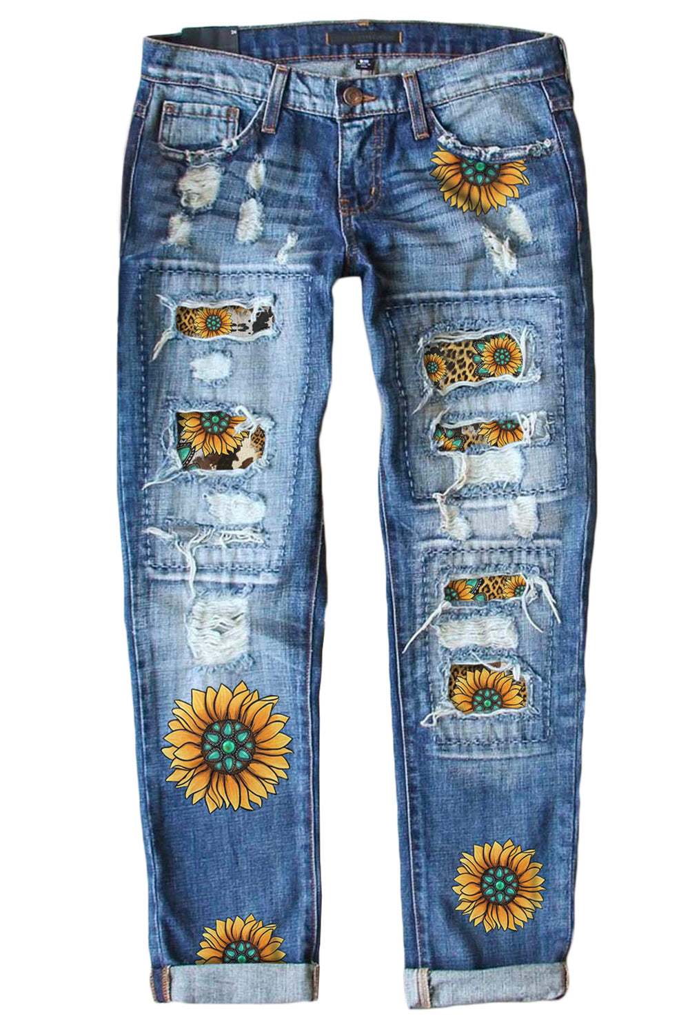 Sky Blue Womens Boyfriend Jeans Floral Leopard Slim Fit Distressed Pants LC787552-104