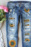 Sky Blue Womens Boyfriend Jeans Floral Leopard Slim Fit Distressed Pants LC787552-104