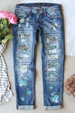 Sky Blue Womens Boyfriend Jeans Floral Leopard Slim Fit Distressed Pants LC787552-204
