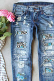 Sky Blue Womens Boyfriend Jeans Floral Leopard Slim Fit Distressed Pants LC787552-204