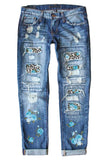 Sky Blue Womens Boyfriend Jeans Floral Leopard Slim Fit Distressed Pants LC787552-204