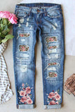Sky Blue Womens Boyfriend Jeans Floral Leopard Slim Fit Distressed Pants LC787552-304