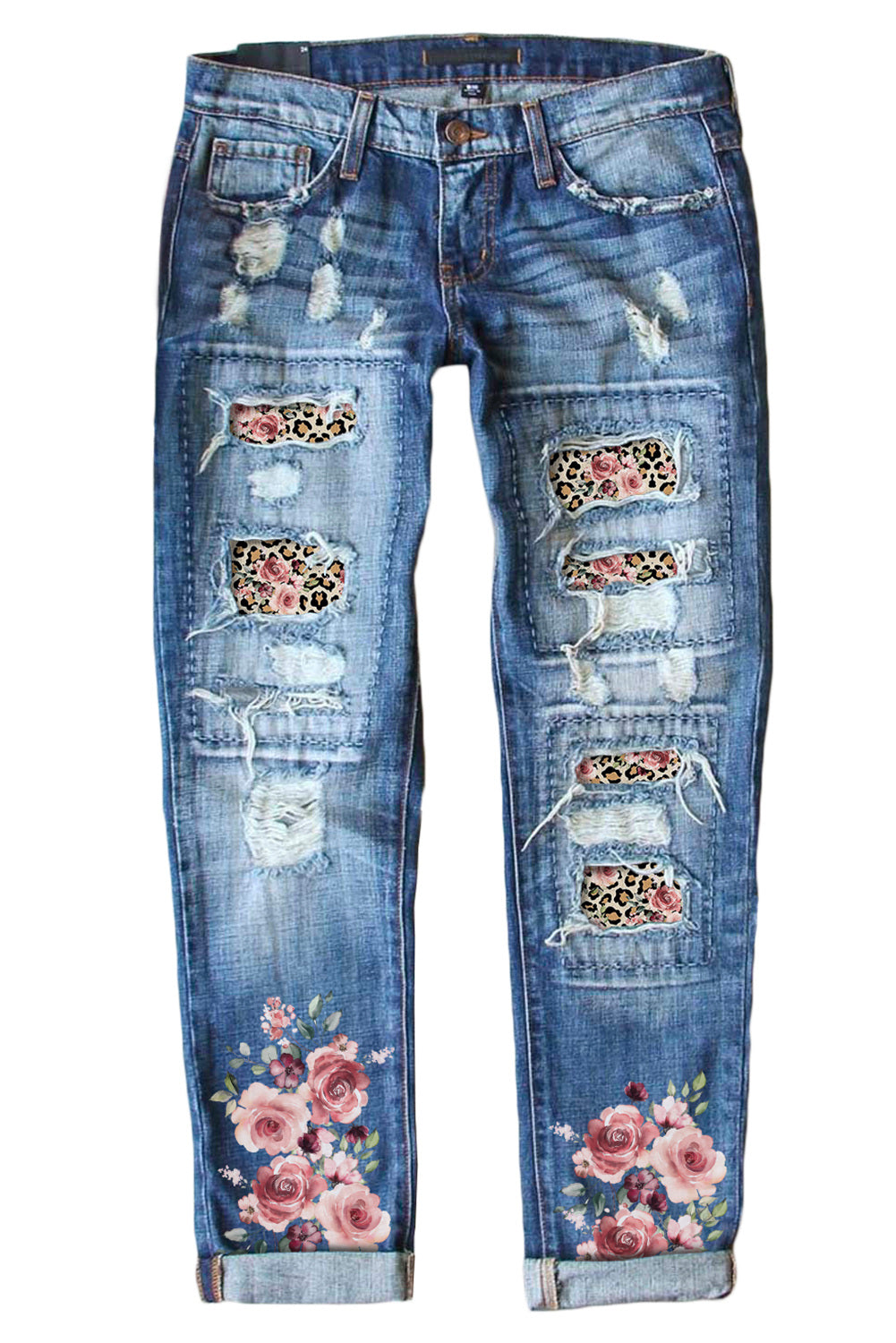 Sky Blue Womens Boyfriend Jeans Floral Leopard Slim Fit Distressed Pants LC787552-304