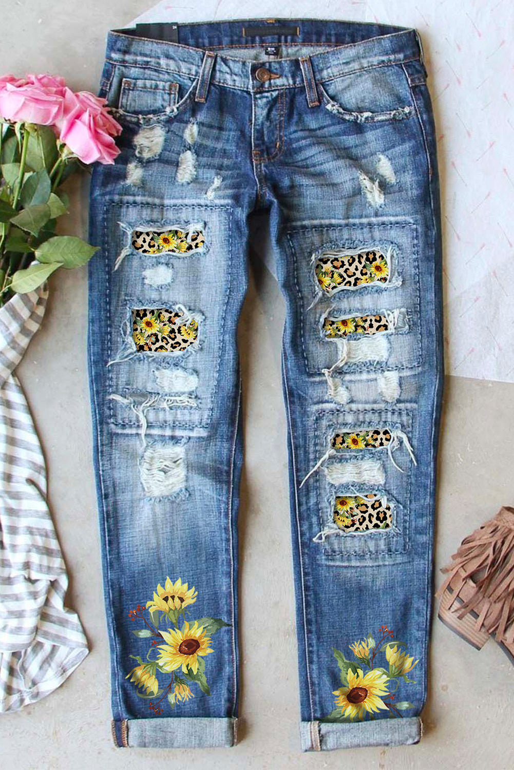 Sky Blue Womens Boyfriend Jeans Floral Leopard Slim Fit Distressed Pants LC787552-404