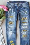 Sky Blue Womens Boyfriend Jeans Floral Leopard Slim Fit Distressed Pants LC787552-404