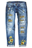 Sky Blue Womens Boyfriend Jeans Floral Leopard Slim Fit Distressed Pants LC787552-404