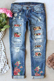 Sky Blue Womens Boyfriend Jeans Floral Leopard Slim Fit Distressed Pants LC787552-504