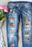 Sky Blue Womens Boyfriend Jeans Floral Leopard Slim Fit Distressed Pants LC787552-504