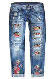 Sky Blue Womens Boyfriend Jeans Floral Leopard Slim Fit Distressed Pants LC787552-504