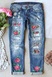 Sky Blue Womens Boyfriend Jeans Floral Leopard Slim Fit Distressed Pants LC787552-604