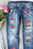 Sky Blue Womens Boyfriend Jeans Floral Leopard Slim Fit Distressed Pants LC787552-604