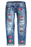 Sky Blue Womens Boyfriend Jeans Floral Leopard Slim Fit Distressed Pants LC787552-604
