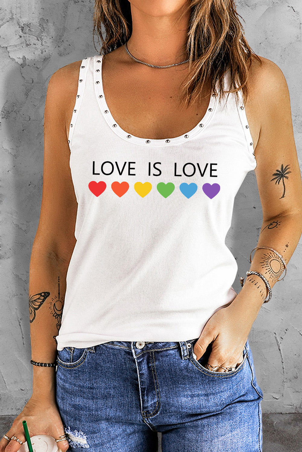 LC2566683-1-S, LC2566683-1-M, LC2566683-1-L, LC2566683-1-XL, LC2566683-1-2XL, White Love is Love Print Women's Gay Pride Tank Tops Scoop Neck Rivet Tank Top